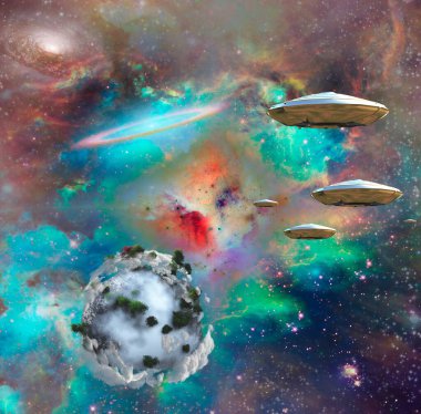 Renkli evrende uçan daireler. Soyut dış gezegen.