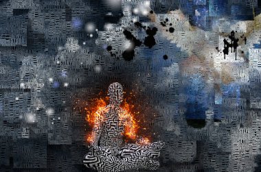 Soyut bulutlar. Kelimeler. Lotus pozunda yanan adam. Derisinde labirent deseni var.. 