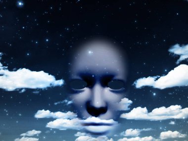 Bulutlu gökyüzünde maske. 3B görüntüleme