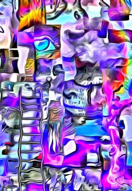 Karmaşık gerçeküstü resim. Geometrik öğeleri, Tanrı'nın göz alevler ateş ve merdiven. İnsan bilincinin unsurları.