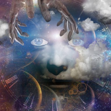 Elleri ve evren geçmişi olan insan yüzü.