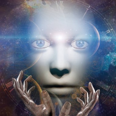 Elleri ve evren geçmişi olan insan yüzü.