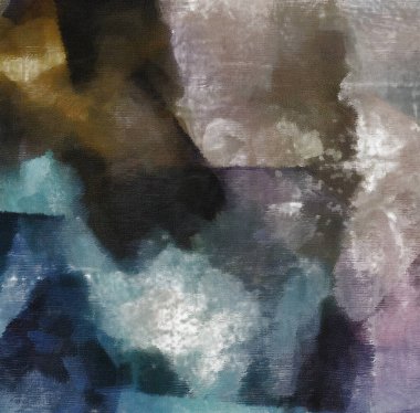 Çoğunlukla soluk mavi renkte soyut resimler.