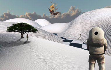 Astronot gerçeküstü beyaz çölde duruyor. Kum tepeciğindeki yeşil ağaç. Uzakta duran bir insan figürü. Bulutlu gökyüzünde eski bir gemi.