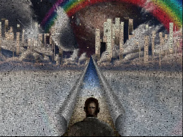 Surrealistyczny Obraz Przyszłe Miasto Horyzoncie Tęcza Niebie Człowiek Stoi Przed — Zdjęcie stockowe