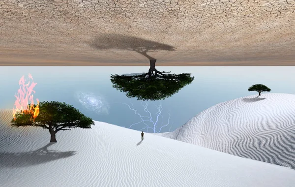 Сюрреалистичная Пустыня Горящее Зеленое Дерево Песчаной Дюне Фигура Человека Вдалеке — стоковое фото