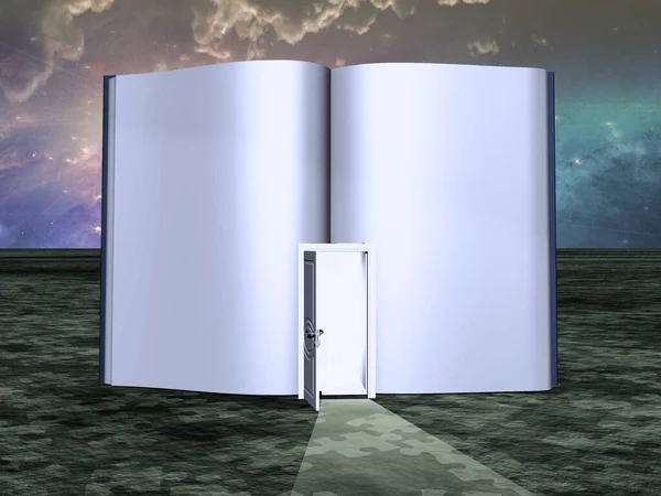 Sürrealizm Kapısı Açık Boş Bir Kitap Arkaplanda Yıldızlı Gökyüzü — Stok fotoğraf