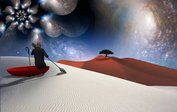 本物の絵画だ 白い砂漠に浮かぶ赤い傘の男 地平線の緑の木 多層的な空間は無限の次元を表す — ストック写真