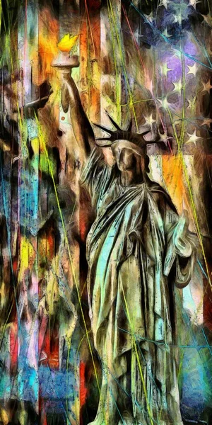 Liberty Statue Flag Background Oil Painting Brush Strokes — Stock Photo, Image