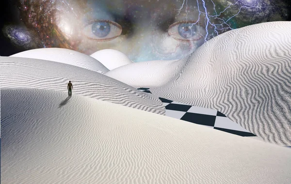 Сюрреалистичная Пустыня Фигура Человека Вдалеке Молния Звездном Небе Глаза Бога — стоковое фото
