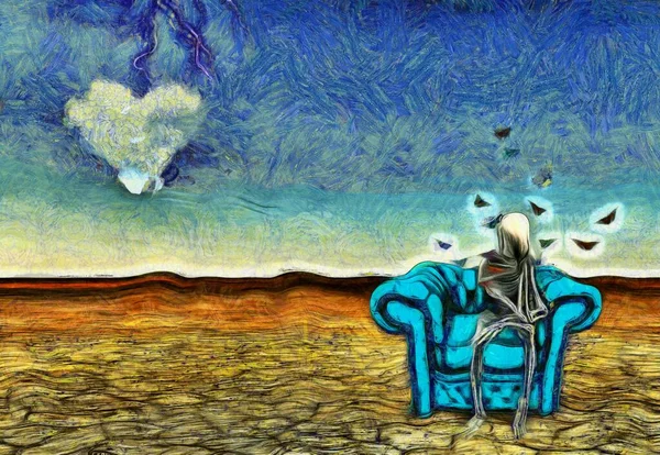 骷髅在蓝色椅子上 3D渲染 — 图库照片
