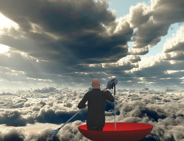 Сюрреалистичная Картина Человек Плавает Красном Зонтике — стоковое фото