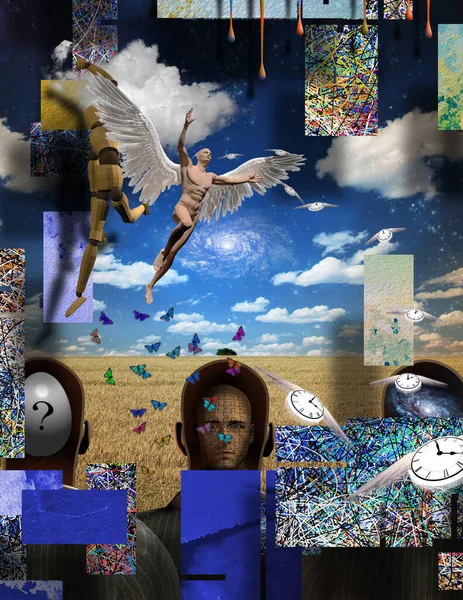 Complex Surreal Painting Different Thoughts Men Heads Naked Man Wings — Stock Photo, Image