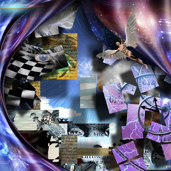 複雑な抽象画 時間の螺旋と空間の歪み 詩とチェスの数字の作品 翼を持つ裸の男は天使 — ストック写真