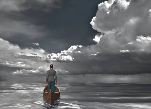 Teknedeki Adam Figürü Dramatik Gri Bulutlar Suya Yansıyor — Stok fotoğraf