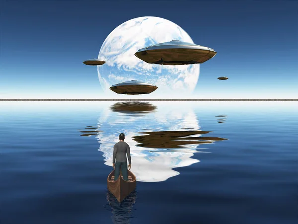 空飛ぶ円盤が月に接近する ボートの男 — ストック写真