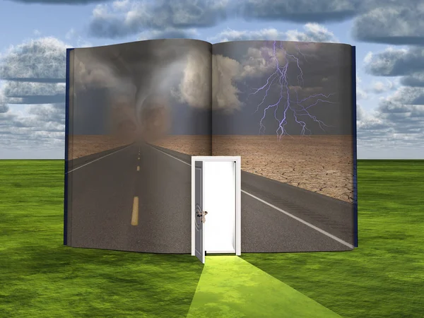 Surrealismo Libro Con Porta Aperta Strada — Foto Stock