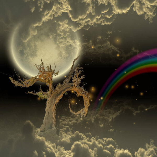 Tree moon stars and rainbow