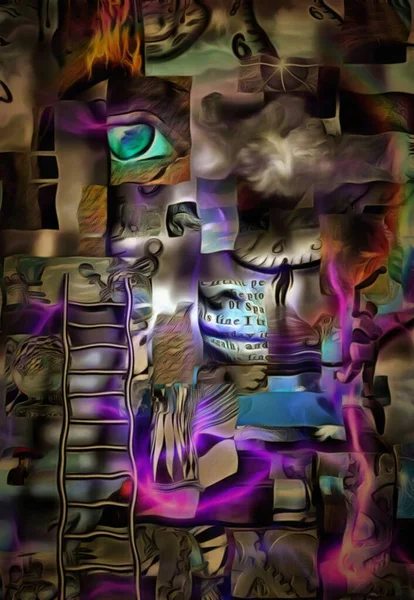 复杂的超现实主义绘画 几何元素 神的眼睛 火焰和梯子 人类意识的元素 — 图库照片