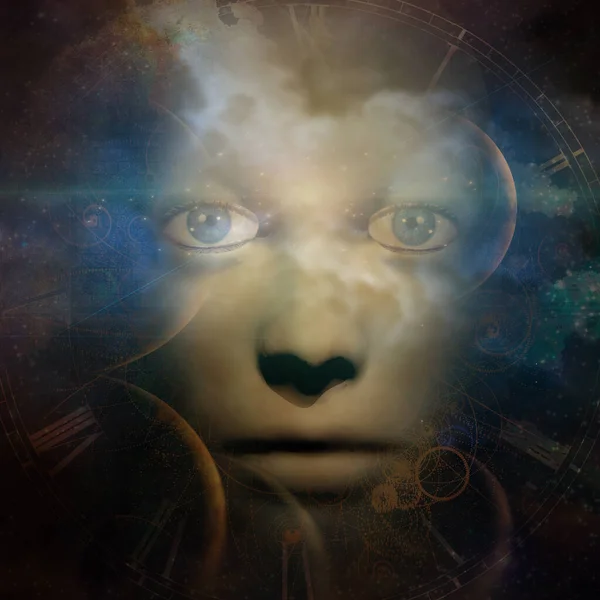 Menneskelig Ansikt Med Hender Univers Sepia – stockfoto