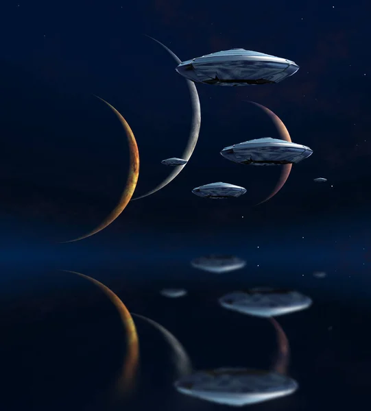Három Holdak Kék Mély Űrben Űrhajók — Stock Fotó