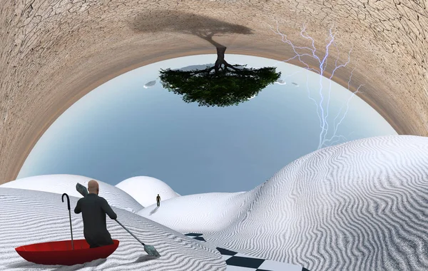 超现实的绘画 身穿红色雨伞的人漂浮在白色的沙漠上 一个人的形象在远处 绿树倒挂 — 图库照片