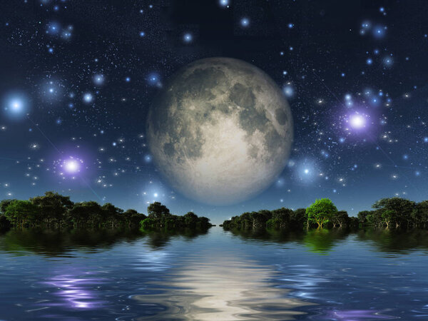 Moonrise over water. 3D rendering