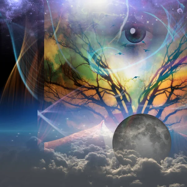 stock image Surrealism. God's eye, moon and clouds. Suit and branches of a tree.