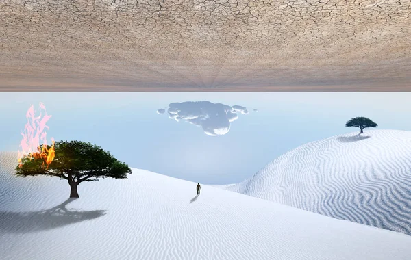 Desierto Surrealista Árbol Verde Ardiente Duna Arena Figura Del Hombre — Foto de Stock