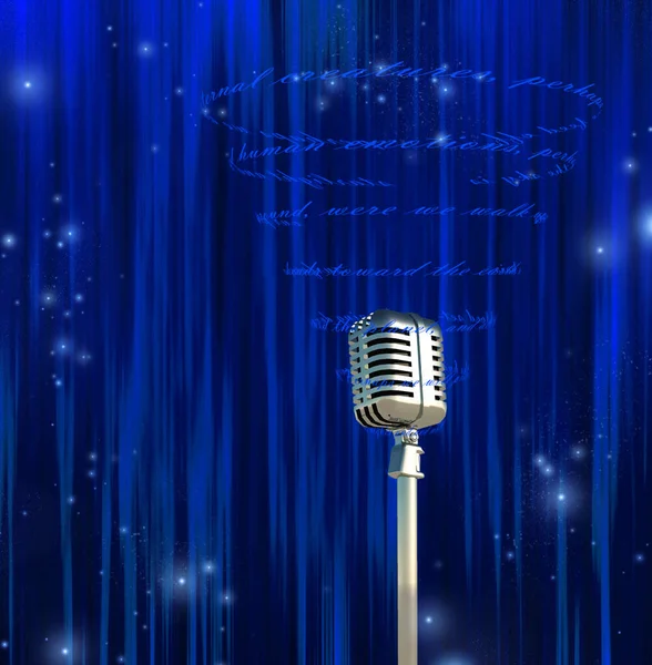 Microfone Texto Girando Fundo Azul — Fotografia de Stock