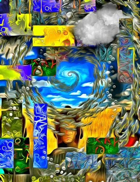 Сюрреалізм Людина Спантеличеним Обличчям Всередині Голови Вихор Риб Геометричні Елементи — стокове фото