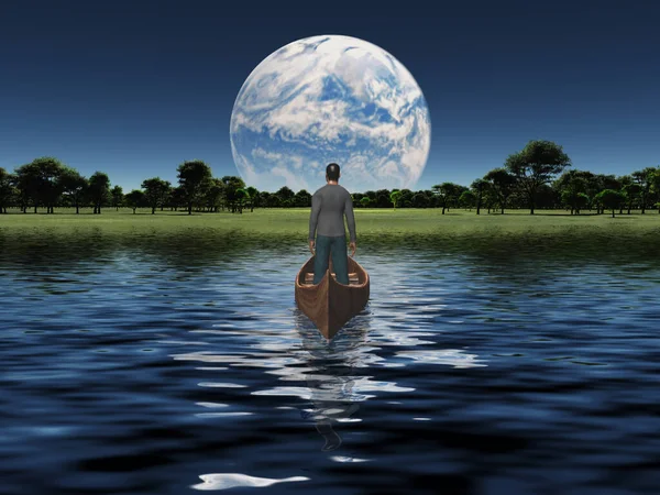 水平線上に青い惑星を持つボートの男 3Dレンダリング — ストック写真