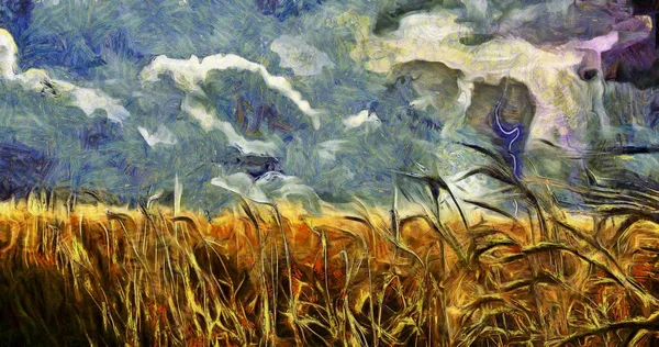 Живопись Бушующие Облака Молнией Над Полем Пшеницы — стоковое фото