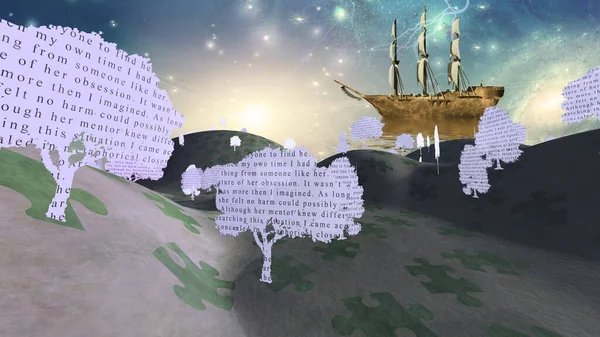 Text Paper Trees Surreal Landscape Sailing Ship Stars Own Writings — Stock Photo, Image