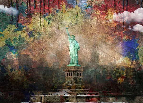Freiheitsstatue Und Manhattan Panorama Rendering — Stockfoto