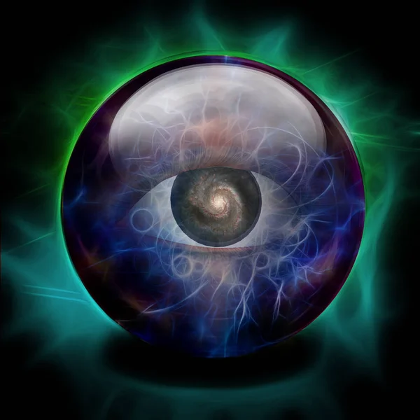 水晶球与眼睛和银河 3D渲染 — 图库照片