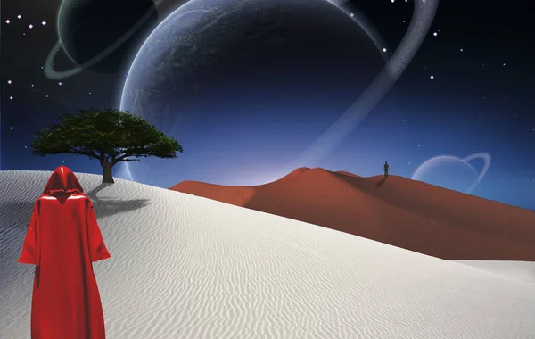Figura Camuflada Fica Deserto Homem Distância Árvore Verde Grandes Planetas — Fotografia de Stock