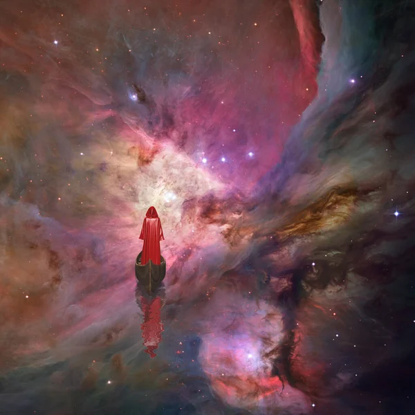 Figure in red robe floating in space