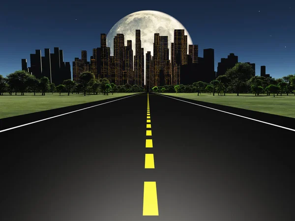 Autostrada Città Con Grande Luna — Foto Stock