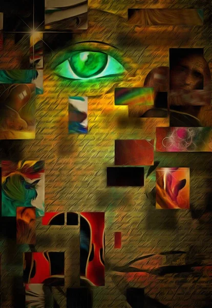 Pintura Surreal Complexa Elementos Quadrados Olho Verde Pensamentos Diferentes Cabeça — Fotografia de Stock