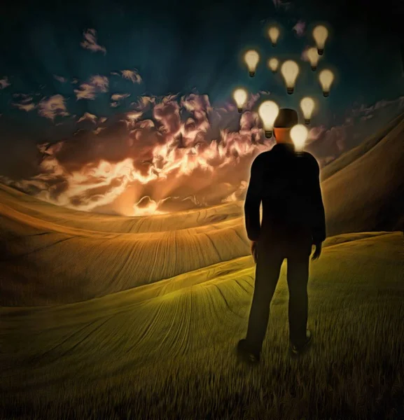 Man Light Bulbs His Head Stands Green Field Vivid Sunset — Stock Photo, Image