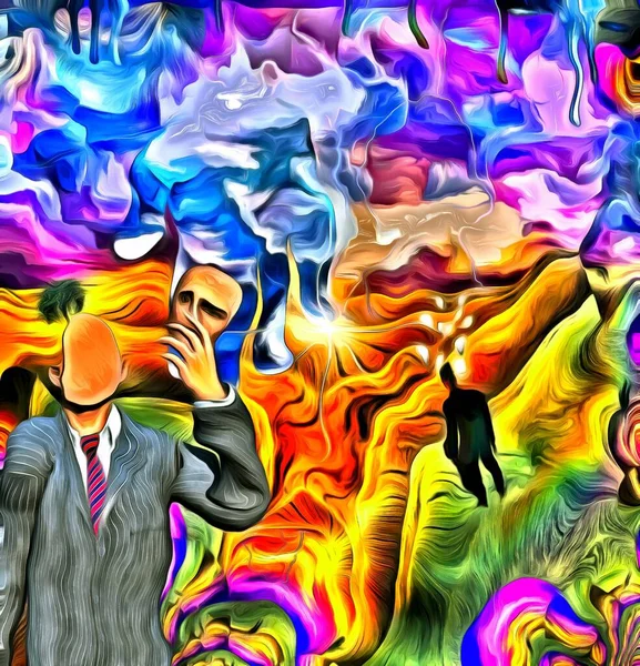 Komplexe Surreale Malerei Gesichtsloser Mann Hält Maske Der Hand Geschäftsmann — Stockfoto