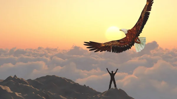 Hombre Cima Una Montaña Águila Vuela Sobre Nubes — Foto de Stock