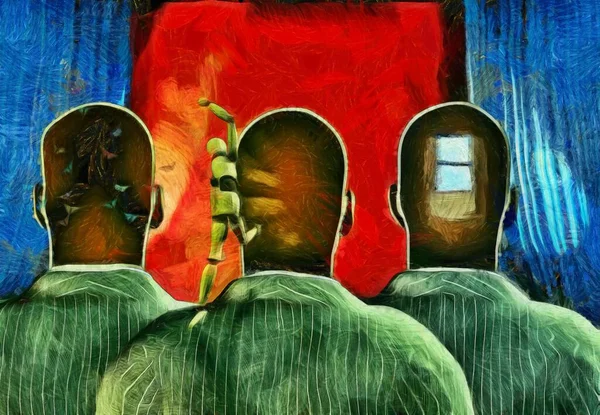 Surreal painting. Men with dreams in their head stands before drapes. Field behind drapes.