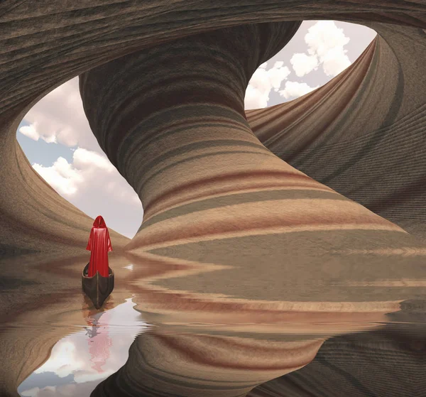 Man Red Robe Boat Carved Canyon Rock — Stock Photo, Image