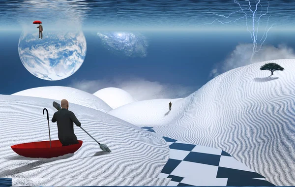 Surreal painting. Man in red umbrella floating on white desert and another man flying with umbrella. Figure of man in a distance. Ocean at the horizon. Big moon in the sky.
