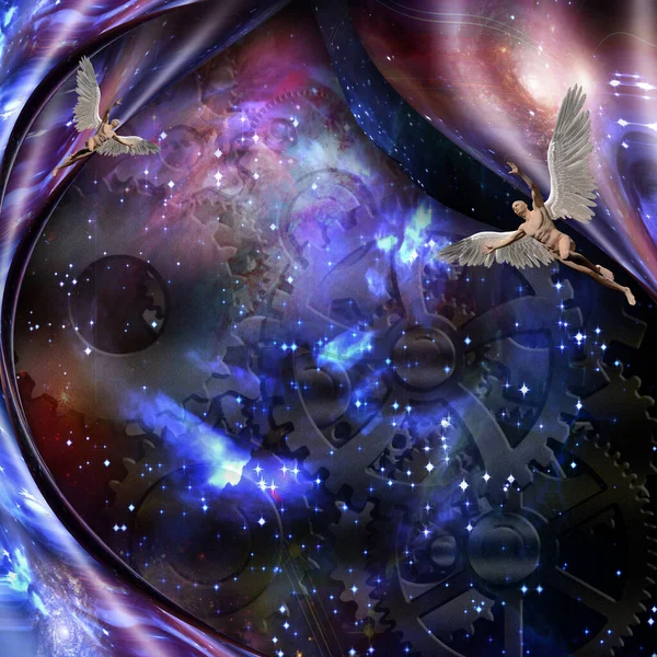Surrealism Vivid Universe Gears Background Warped Space Naked Man Wings — Stock Photo, Image