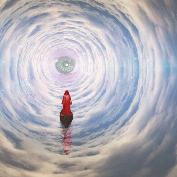 Фигура Красном Халате Плавающем Космическом Туннеле Божьим Глазом Рендеринг — стоковое фото