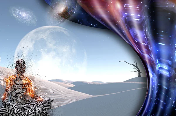 水平線に乾燥した木 銀河や大きな月と超現実的な白い砂漠 蓮のポーズで男の燃える姿 水道空間 — ストック写真