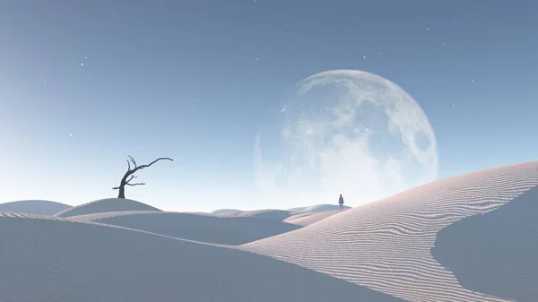 Человек Вдалеке Наблюдает Восход Луны Рендеринг — стоковое фото
